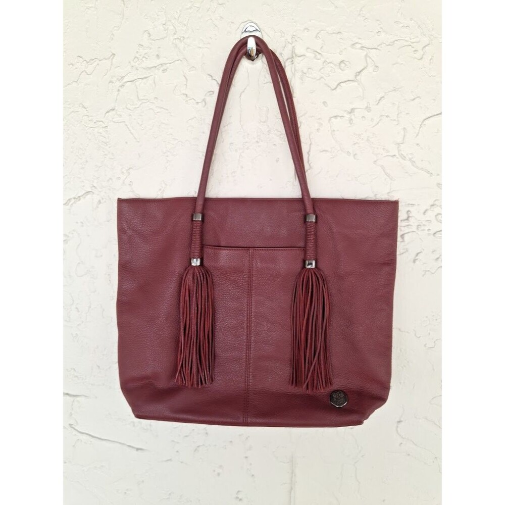 Vince Camuto Burgundy Leather Slouchy Fringe Tote Bag Shoulder Purse Western Zip - Picture 4 of 16